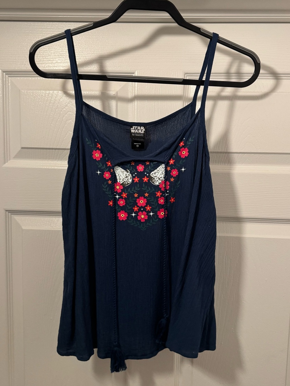 Her Universe Navy Spaghetti Strap Tank with Floral Embroidery